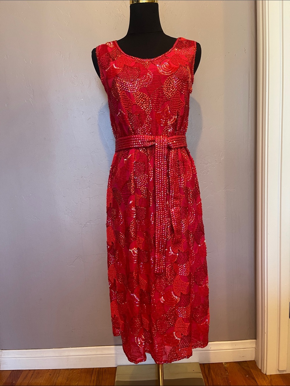 Vintage 1980’s Red Beaded Sleeveless Evening Dress